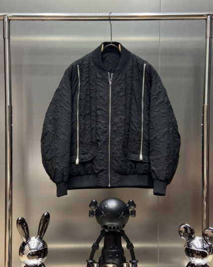 Black Crinkled Bomber Jacket