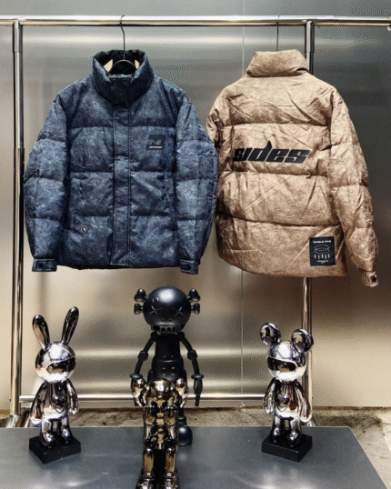 Graphic Puffer Jackets (Black/Marble & Tan/Logo)