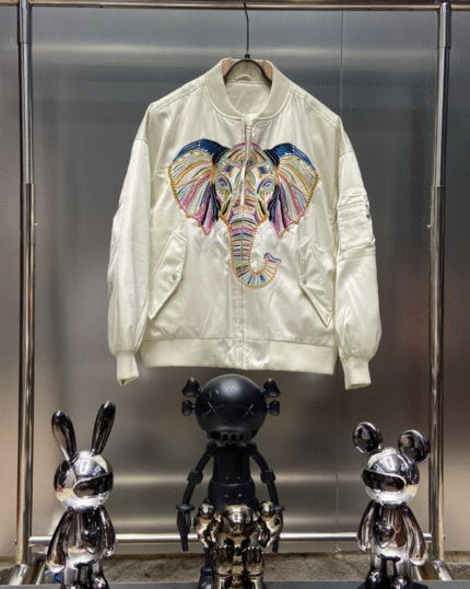 Embroidered Elephant Bomber Jacket